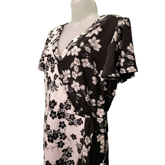 Karl Lagerfeld Black White Floral Faux Wrap Midi Dress Flutter Sleeve Sz 14 - Picture 3 of 8